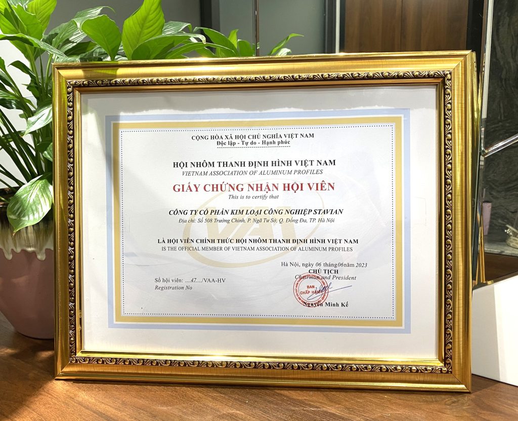 Stavian Indutrial Metal receiving certificate for Vietnam Association of Aluminum Profiles